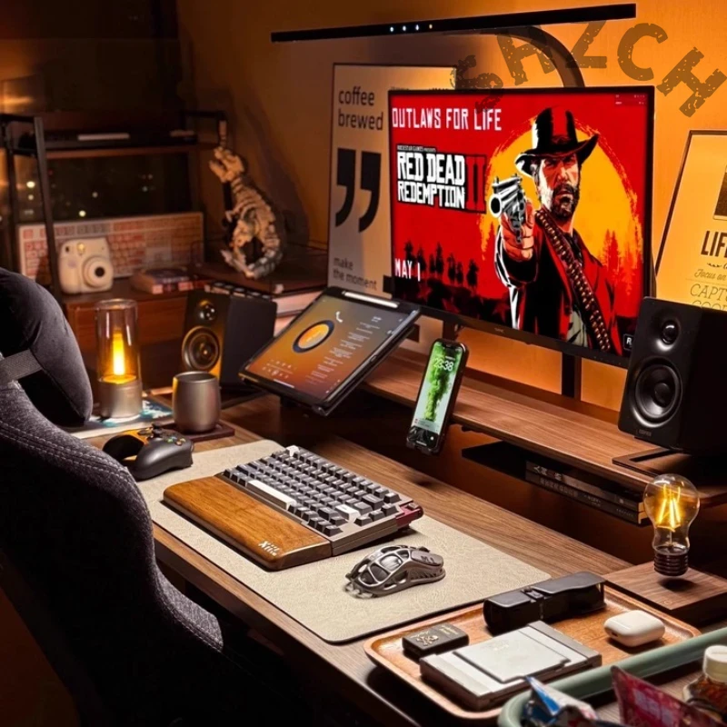 Desk Setup With Laptop And Monitor - Supporto Modulare per Monitor in Noce